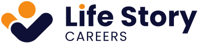 Logo for Life Story Careers featuring a stylized navy checkmark with two orange circles above it, resembling people, followed by the words Life Story Careers in navy blue text.
