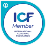 ICF Member badge with a blue and white circular design. It includes the text ICF Member and International Coaching Federation. There's a small user icon in the top left corner, symbolizing career transition coaches dedicated to facilitating transformative coaching journeys.