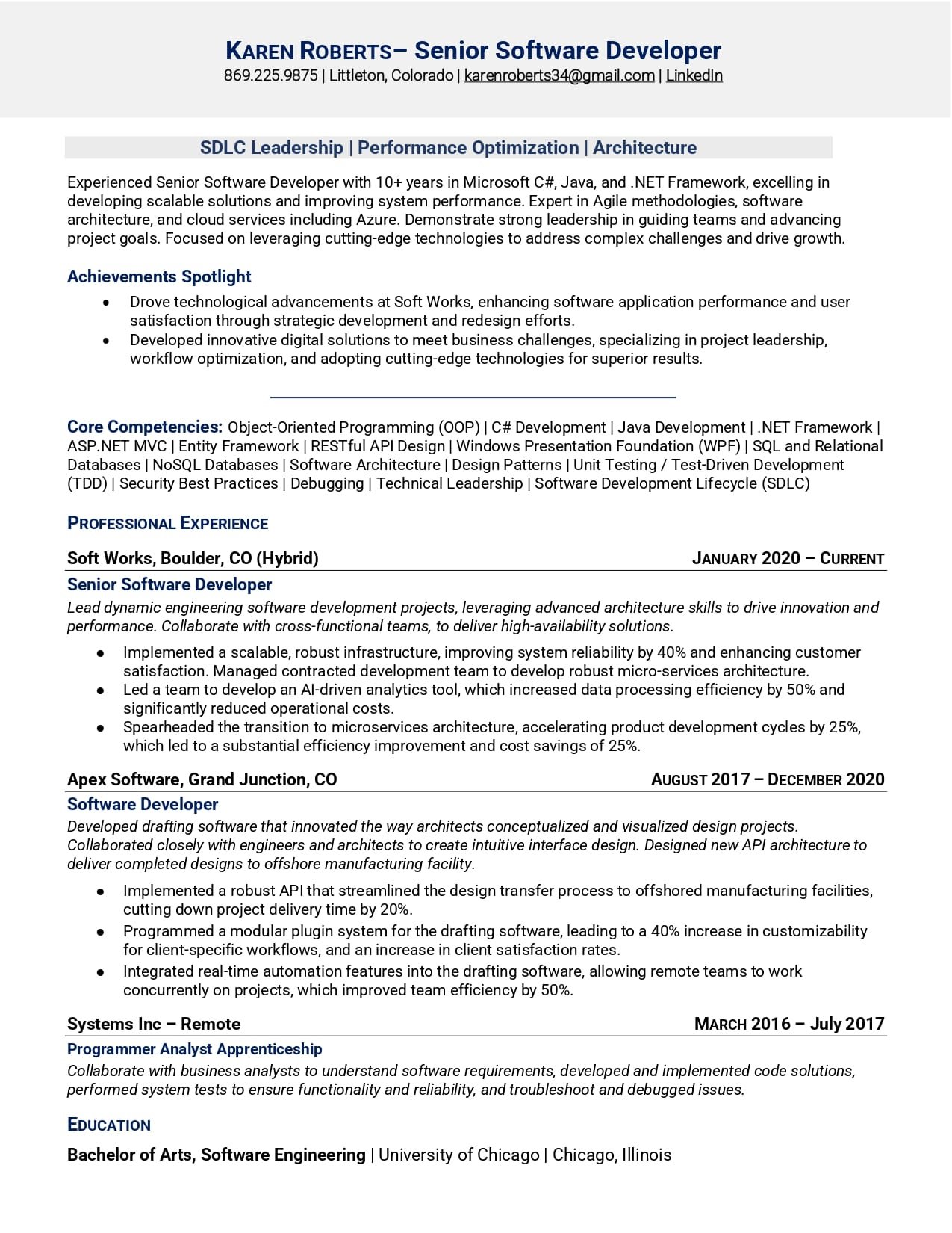 Resume of a senior software developer detailing experience, qualifications, and technical skills. Highlights include SDLC leadership, architecture, and software development expertise. Lists work experience, education, and core competencies. Access professional resume writing services for an impactful presentation.
