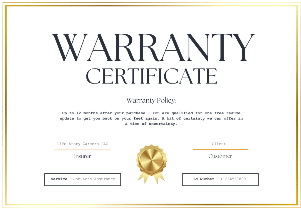 A warranty certificate with a gold border, stating the warranty policy, including insurer and client details, a unique ID number for the Professional Resume Package service, job loss assurance coverage, and a gold seal at the bottom center.